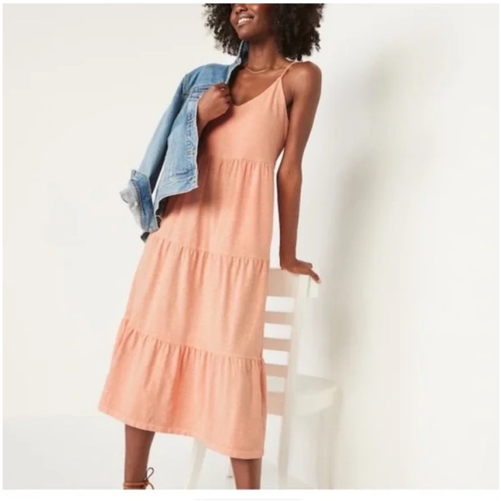 Tiered Slub-Knit Midi Cami Swing Dress for Women in Just Peachy
